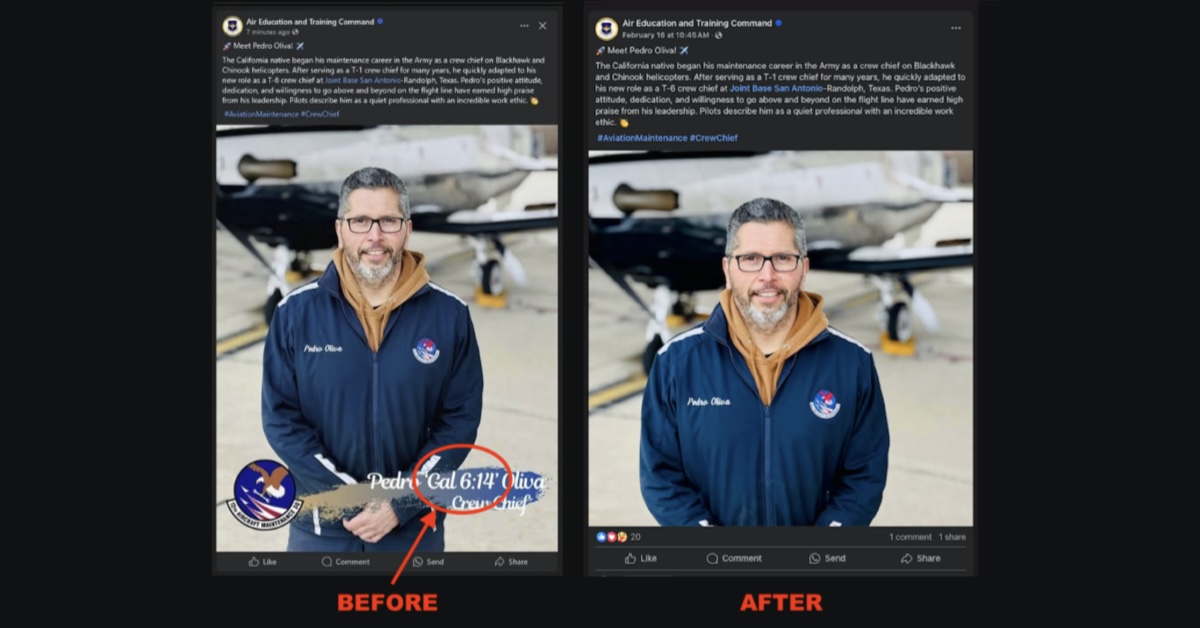 aetc-before-after-1200×628 Before and after screenshots of Facebook post showing Bible verse reference removed