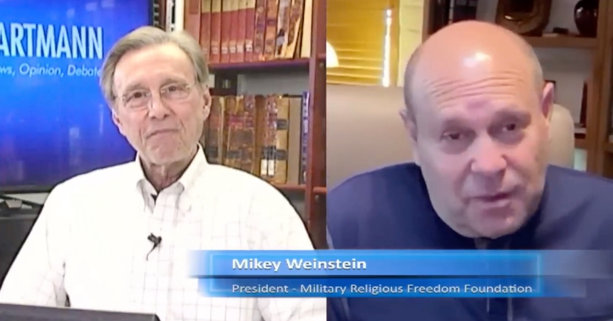Split screen image of Thom Hartmann and Mikey Weinstein from show