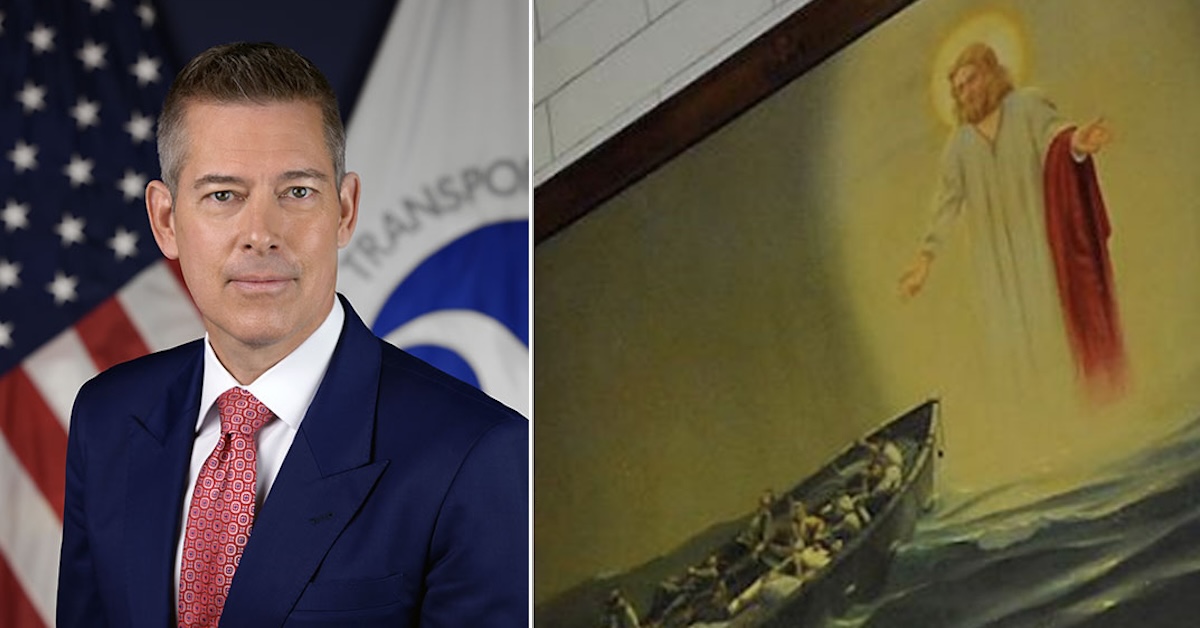 Side by side photos of U.S. Transportation Secretary Sean Duffy and Christ On The Water painting at Merchant Marine Academy