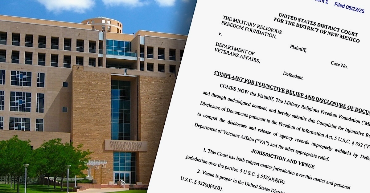 VA-FOIA-complaint Federal courthouse in Albuquerque New Mexico with first page of lawsuit overlayed on one side