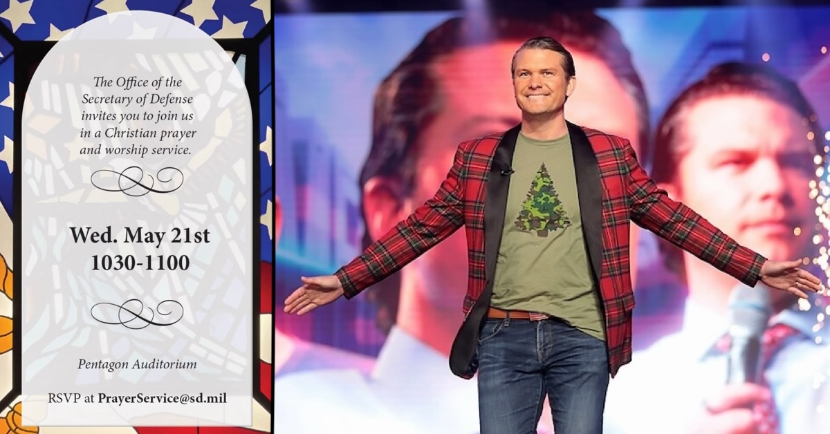 hegseth-Pentagon-christian-service Side by side images of Pete Hegseth's invitation to Pentagon Christian prayer service and Hegseth on a stage dressed like a game show host