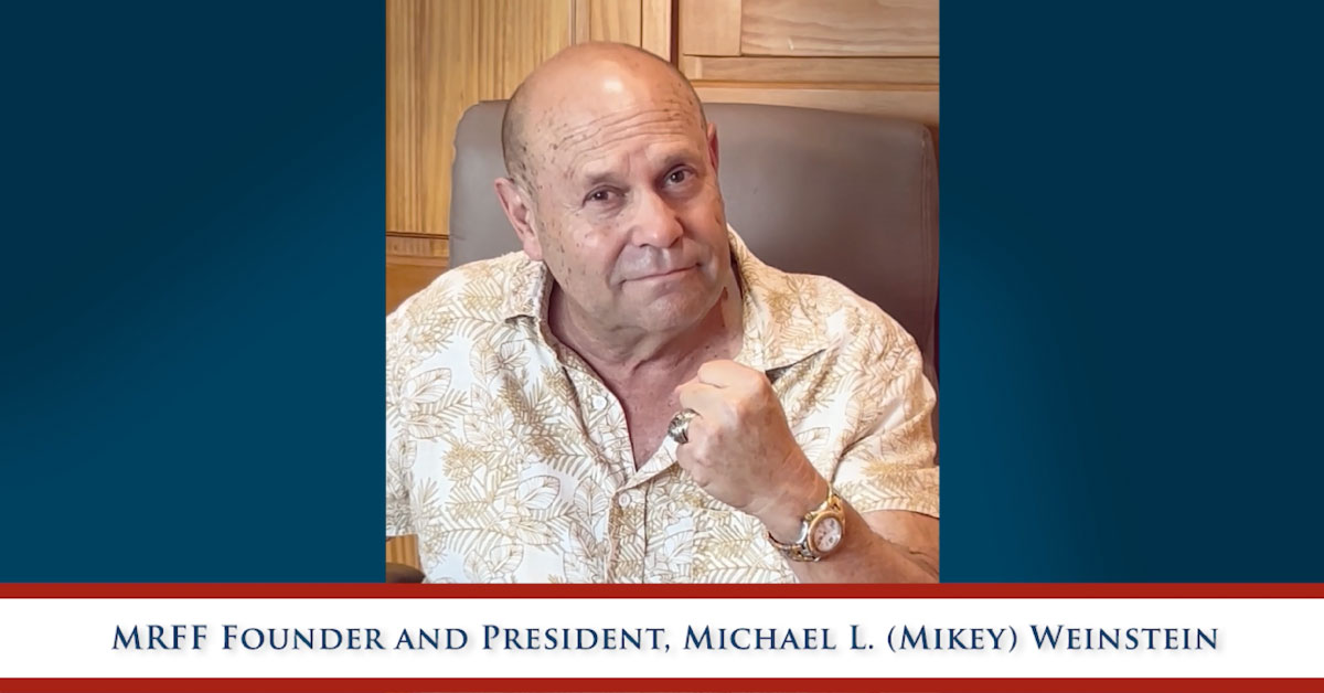 6-16-25-HZ-Header Mikey Weinstein Video Thumbnail with fist held up and a determined smile 6-16-25