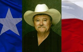 Headshot of John Compere in cowboy hat with Texas flag background