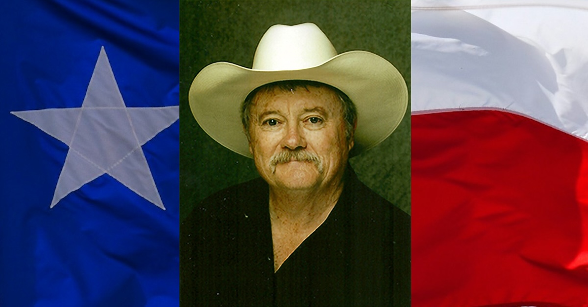 Headshot of John Compere in cowboy hat with Texas flag background