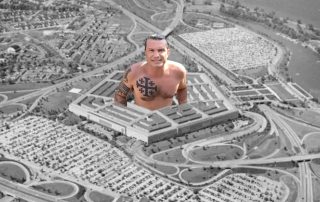 Historic black and white aerial photo of Pentagon with bare-chested Pete Hegseth showing his Christian Crusader tattoos rising from the center of the building