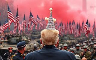 AI generated image of Trump wearing birthday hat watching military parade with red smoke rising around the parade