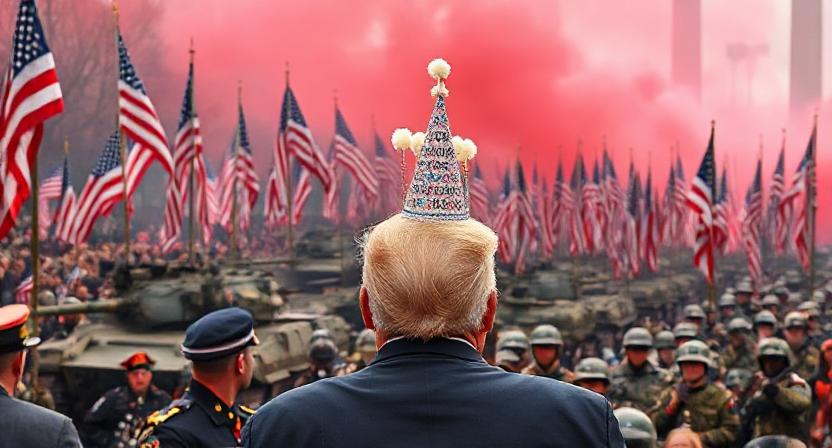 AI generated image of Trump wearing birthday hat watching military parade with red smoke rising around the parade