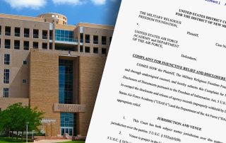 Federal courthouse in Albuquerque New Mexico with first page of lawsuit overlayed on one side
