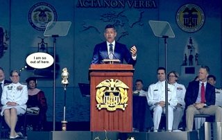 Sean Duffy at podium delivering Marchant Marine Academy commencement address with Vice Admiral Nunan seated behind him with thought ballon above her head saying I am so out of here