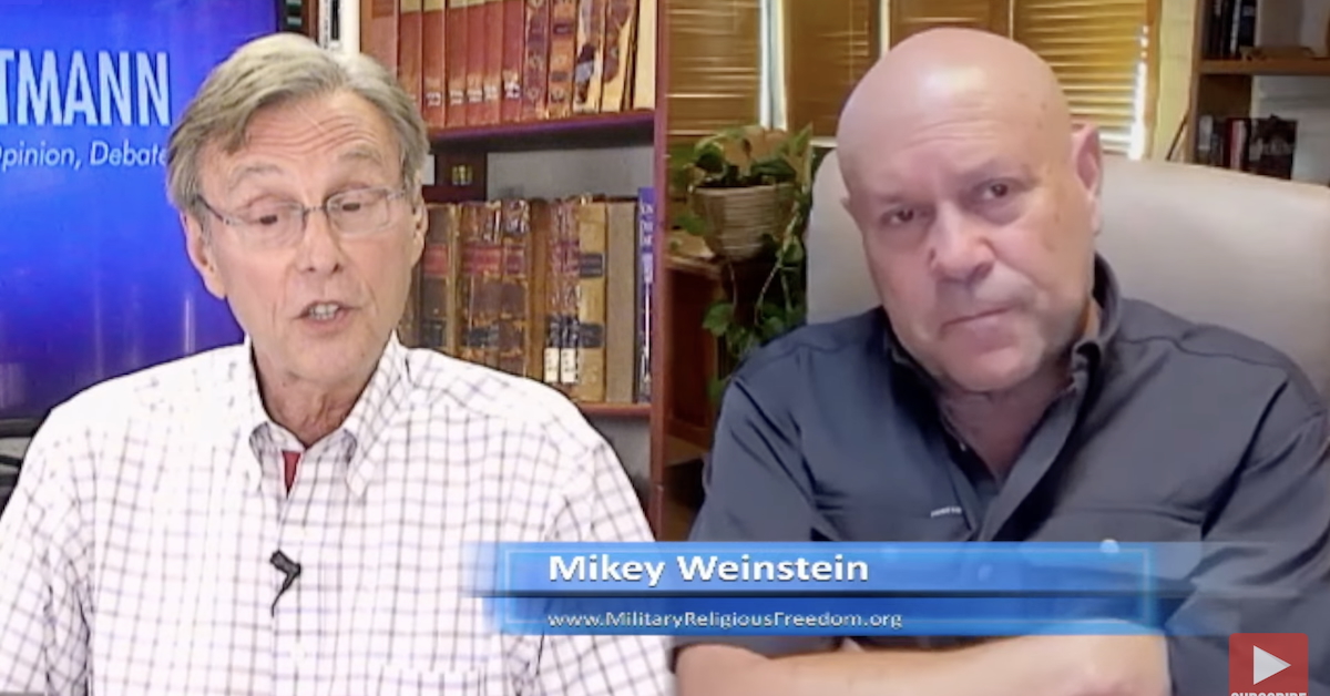 hartmann-8-12-25-tara Split screen of Thom Hartmann and Mikey Weinstein from Thom Hartman Program