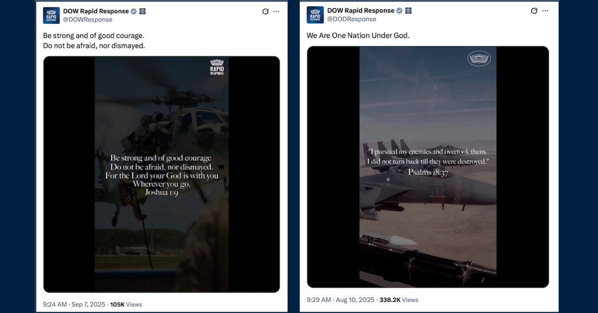 DOW-tweets-1200×628 Two Twitter posts from the Department of War with Bible verses on top of military imagery