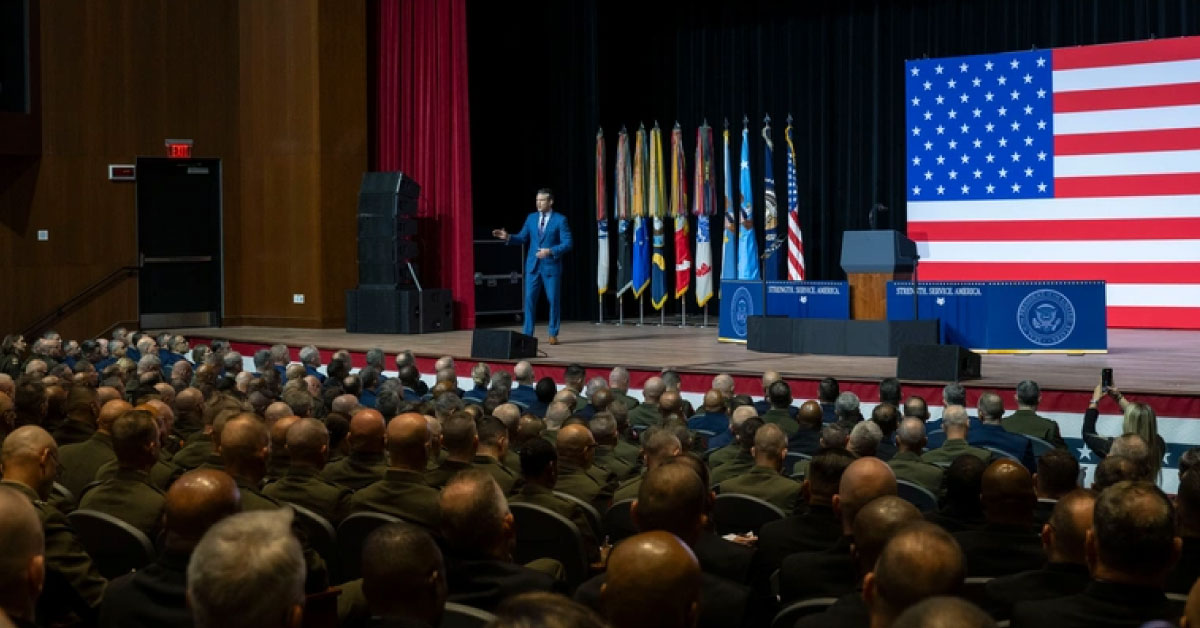 Hegseth speaks to military top brass at Marine Corps Base Quantico. (Photo credit dvidshub.net. The appearance of U.S. Department of Defense