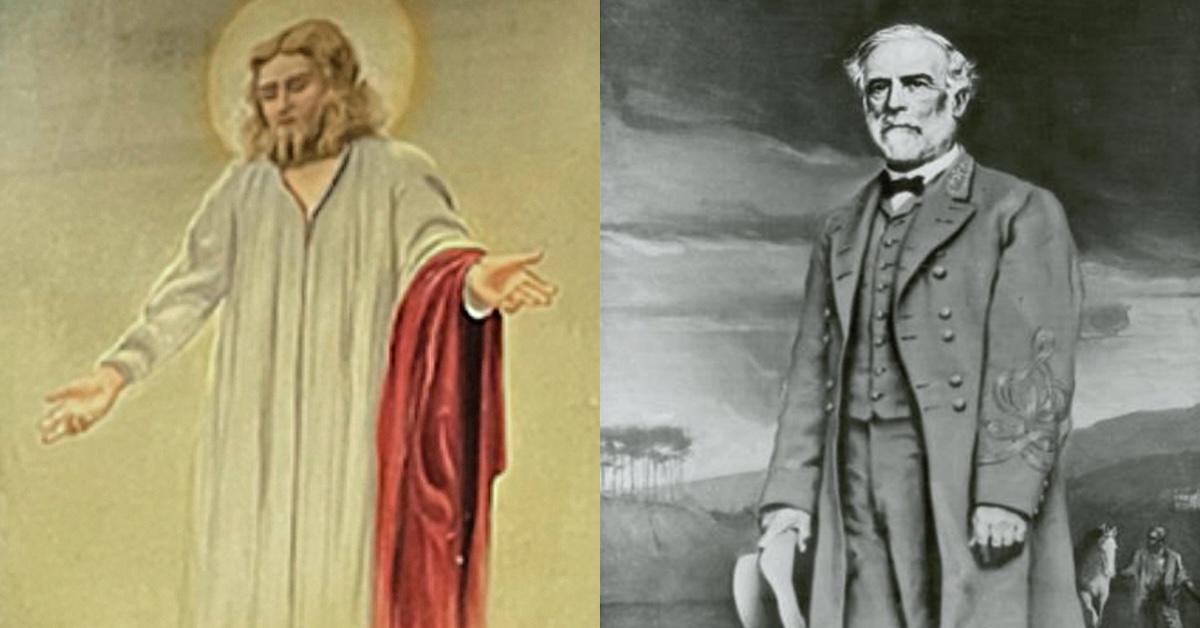 jesus-lee-1200×628 Split image of Jesus from the Merchant Marine Academy painting and the Robert E. Lee portrait being rehung at West Point