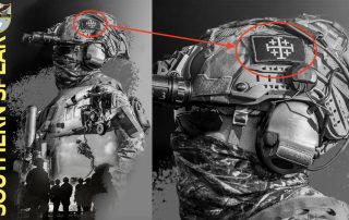 U.S. Southern Command social media photo of Marine with Jerusalem cross patch on helmet