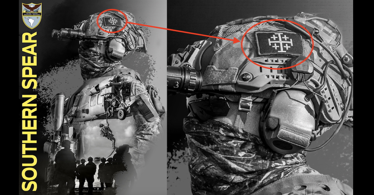 U.S. Southern Command social media photo of Marine with Jerusalem cross patch on helmet