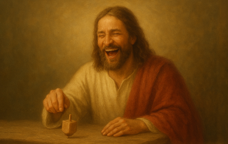 Parody image of Jesus laughing while spinning a dreidel