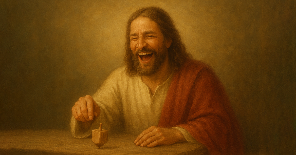 Parody image of Jesus laughing while spinning a dreidel