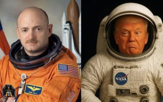Side by side images of Mark Kelly in his astronaut uniform and AI generated image of Trump in a space suit with a very orange face and stupid expression