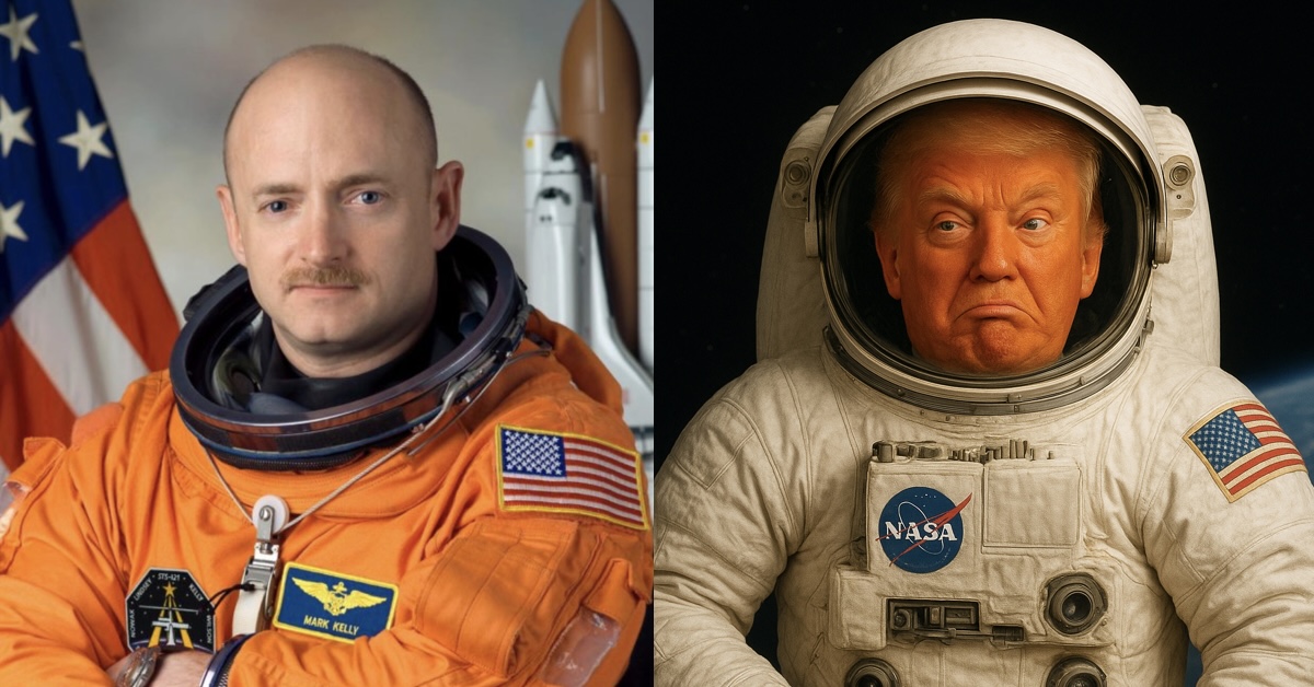 Side by side images of Mark Kelly in his astronaut uniform and AI generated image of Trump in a space suit with a very orange face and stupid expression