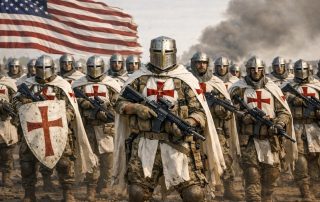 AI image of soldiers in hybrid US Army and Crusader uniforms