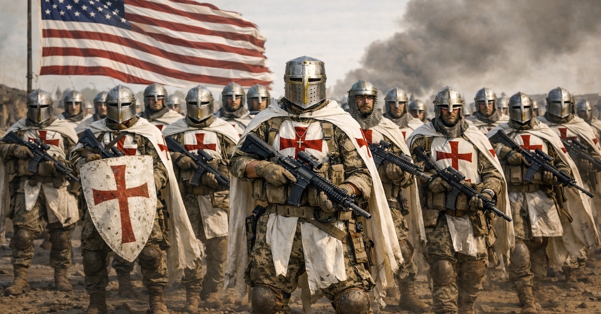 AI image of soldiers in hybrid US Army and Crusader uniforms