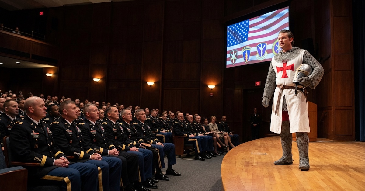 Pete Heseth on an auditorium stage dressed in a Christian crusader knight outfit in front of an audience of U.S. Military generals