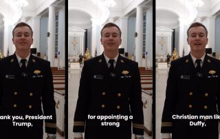 Three stills from Merchant Marine Academy video placed in a row to show the subtitles where a midshipman is saying Thank you President Trump for appointing a strong Christian man like Duffy