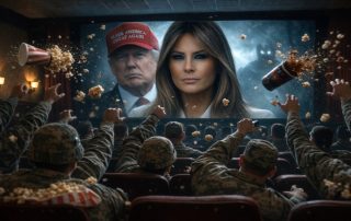 AI generated image of movie theater full of soldiers throwing containers of popcorn at Melania Trump on the screen with Donald Trump in MAGA hat behind her