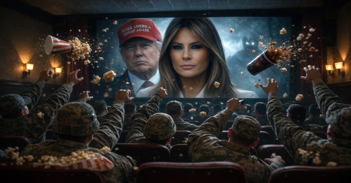 AI generated image of movie theater full of soldiers throwing containers of popcorn at Melania Trump on the screen with Donald Trump in MAGA hat behind her