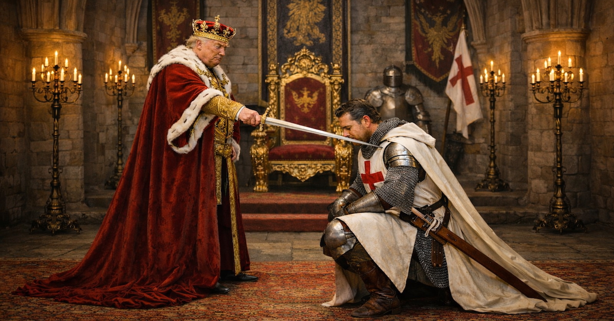 AI generated image of Trump dressed as a king dubbing Pete Hegseth a crusader knight