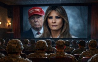 AI generated image of movie theater full of soldiers with Melania Trump on the screen with Donald Trump in MAGA hat behind her