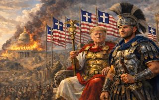 AI generated image of Trump as Roman emperor with Christian American flags and Capitol building burning in background