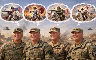 AI generated image of a group of four grinning military commanders with thought bubbles containing images of a militaristic Jesus returning with middle east war scene in background