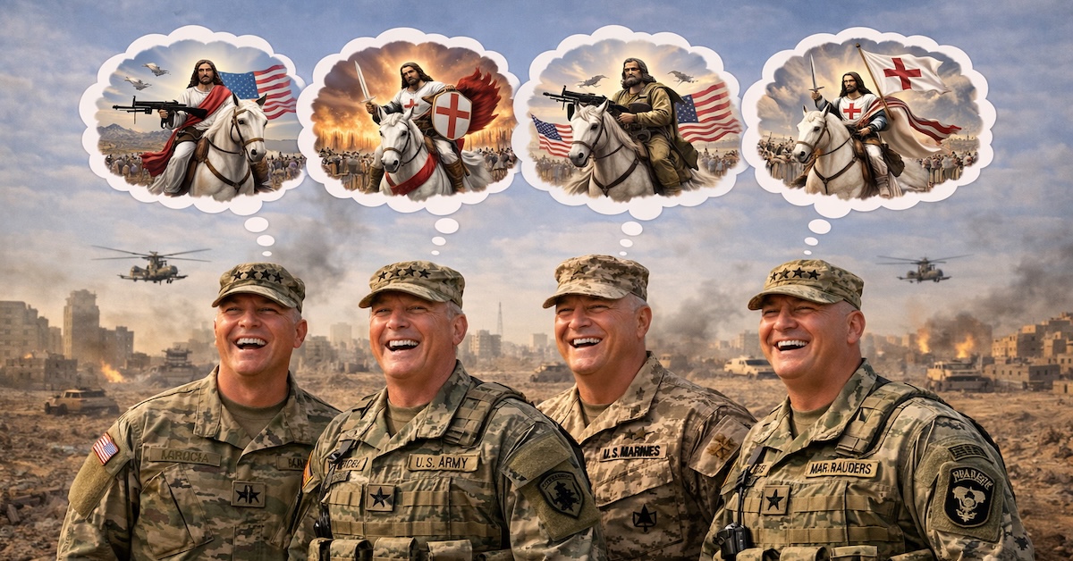 AI generated image of a group of four grinning military commanders with thought bubbles containing images of a militaristic Jesus returning with middle east war scene in background