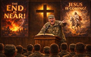 AI generated image crazed-looking commander at podium with end-times posters behind him preaching at audience of soldiers
