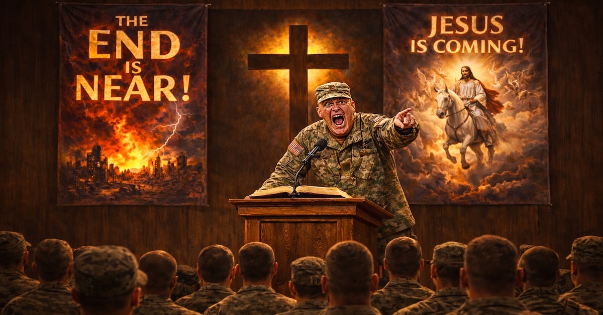 AI generated image crazed-looking commander at podium with end-times posters behind him preaching at audience of soldiers