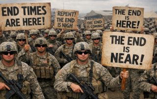 AI generated image of crowd of U.S. soldiers holding end times signs