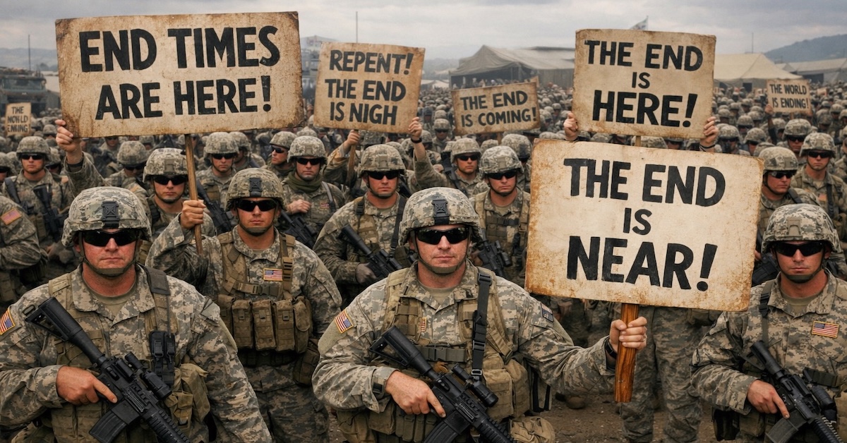 AI generated image of crowd of U.S. soldiers holding end times signs