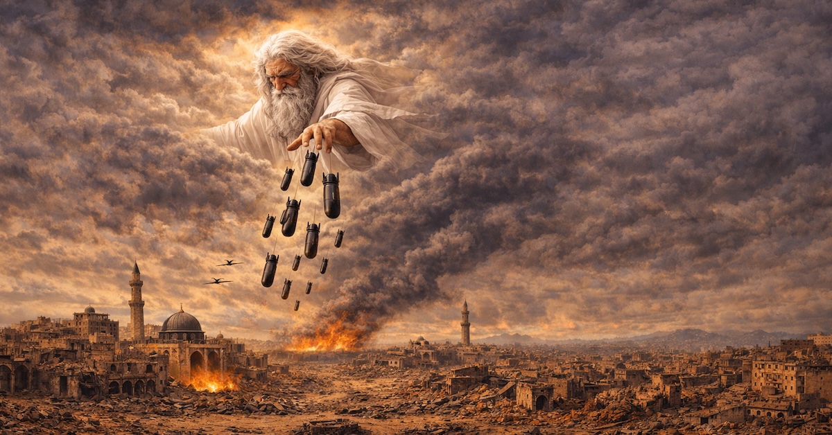 AI generated image of God in the sky dropping bombs on war torn middle east landscape