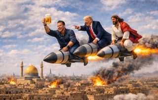 AI generated image of Trump, Hegseth, and Jesus riding on missiles over bombed middle east landscape with Hegseth holding up a pitcher of beer