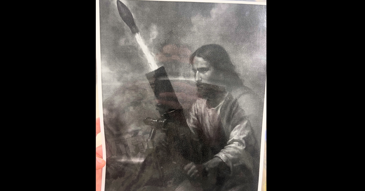 Black and white poster of Jesus firing a mortar round