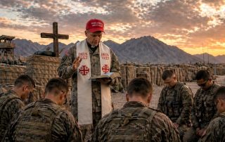 AI generated image of chaplain wearing MAGA hat with Jerusalem crosses and deus vult on his stole