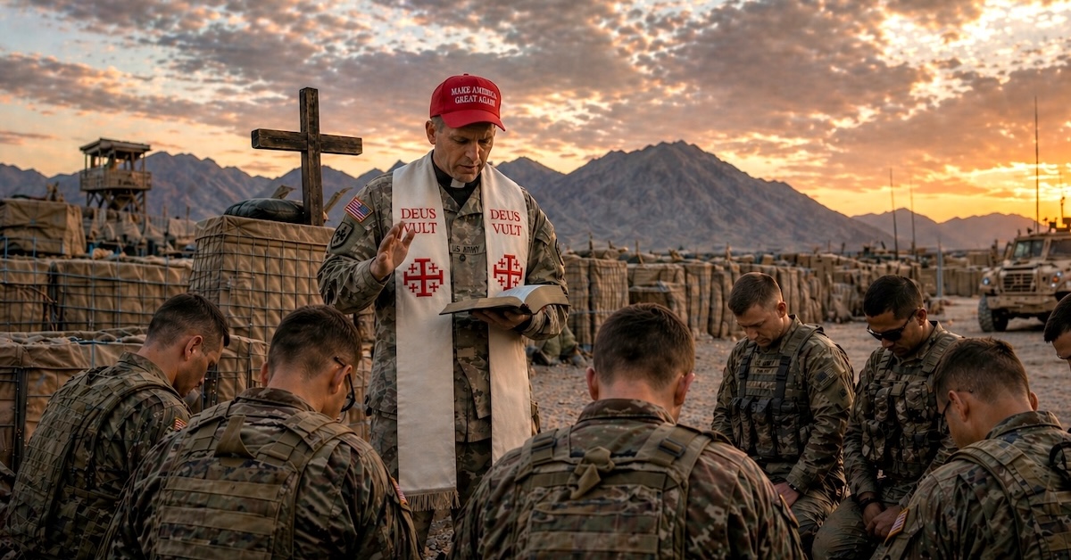 AI generated image of chaplain wearing MAGA hat with Jerusalem crosses and deus vult on his stole