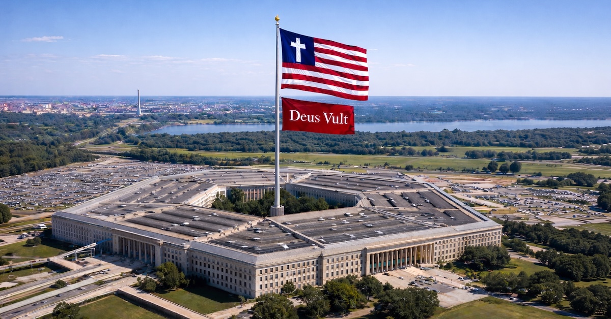 Large flagpole rising from center of Pentagon flying Christian American flag and Deus Vult flag