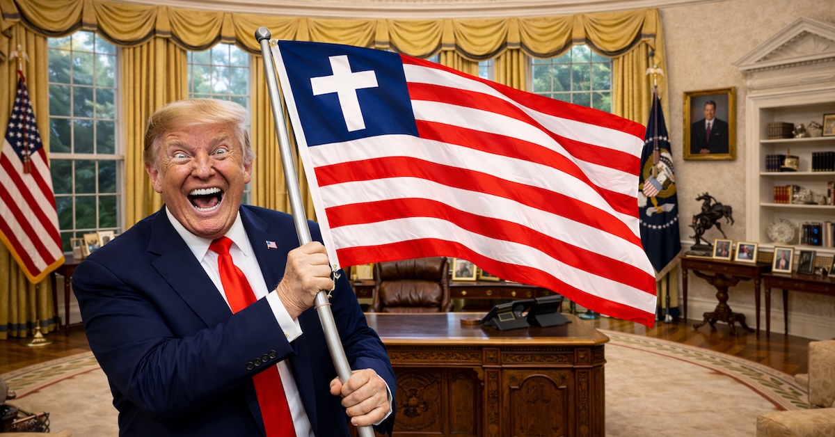 AI generated image of crazed looking Trump waving Christian American flag in Oval Office