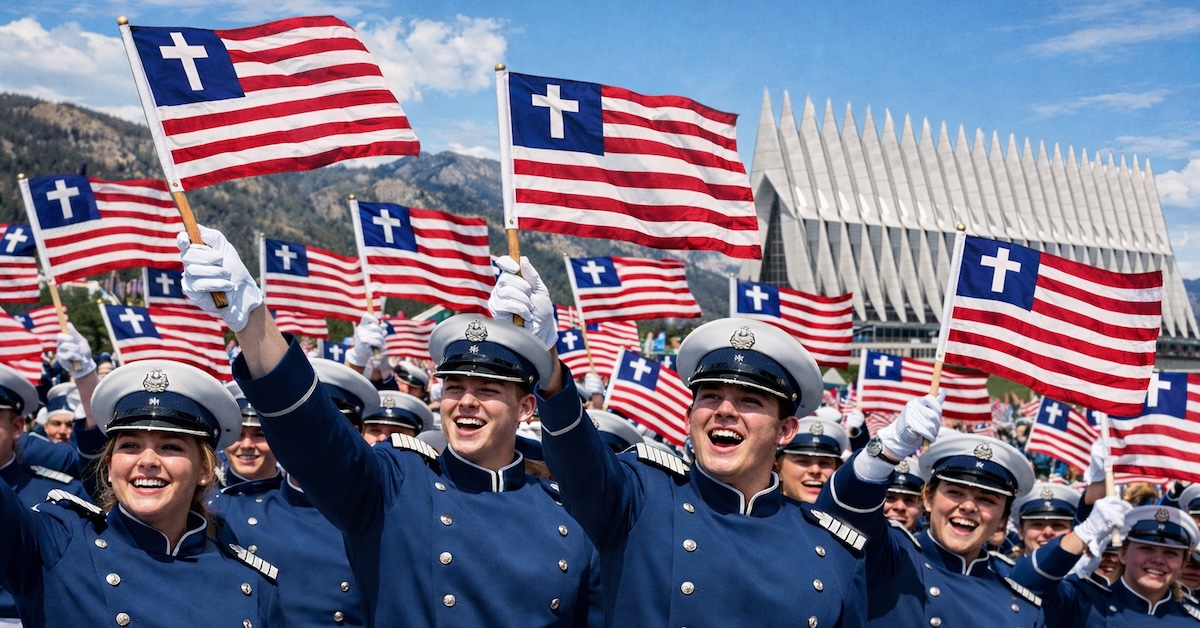 AI generated image of group of Air Force Academy cadets waving Christian American flags with Air Force Academy in background