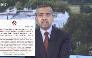 Still image from video of Mehdi Hasan with graphic on screen of the top of MRFF’s email blast about commanders using end times language about Iran war