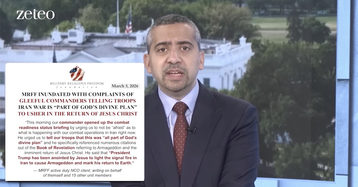 Still image from video of Mehdi Hasan with graphic on screen of the top of MRFF’s email blast about commanders using end times language about Iran war
