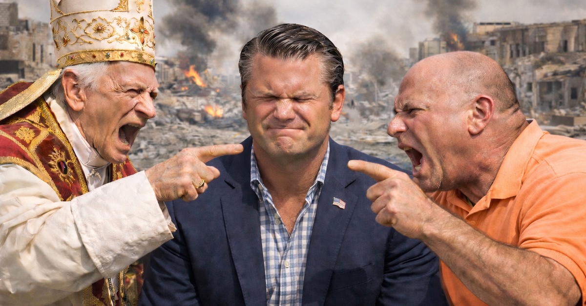 AI generated image of the pope and Mikey Weinstein yelling at Pete Hegseth