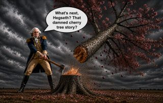 AI generated image of an angry George Washington in military uniform chopping down a big cherry tree with a speech bubble saying What's next Hegseth that damned cherry tree story?